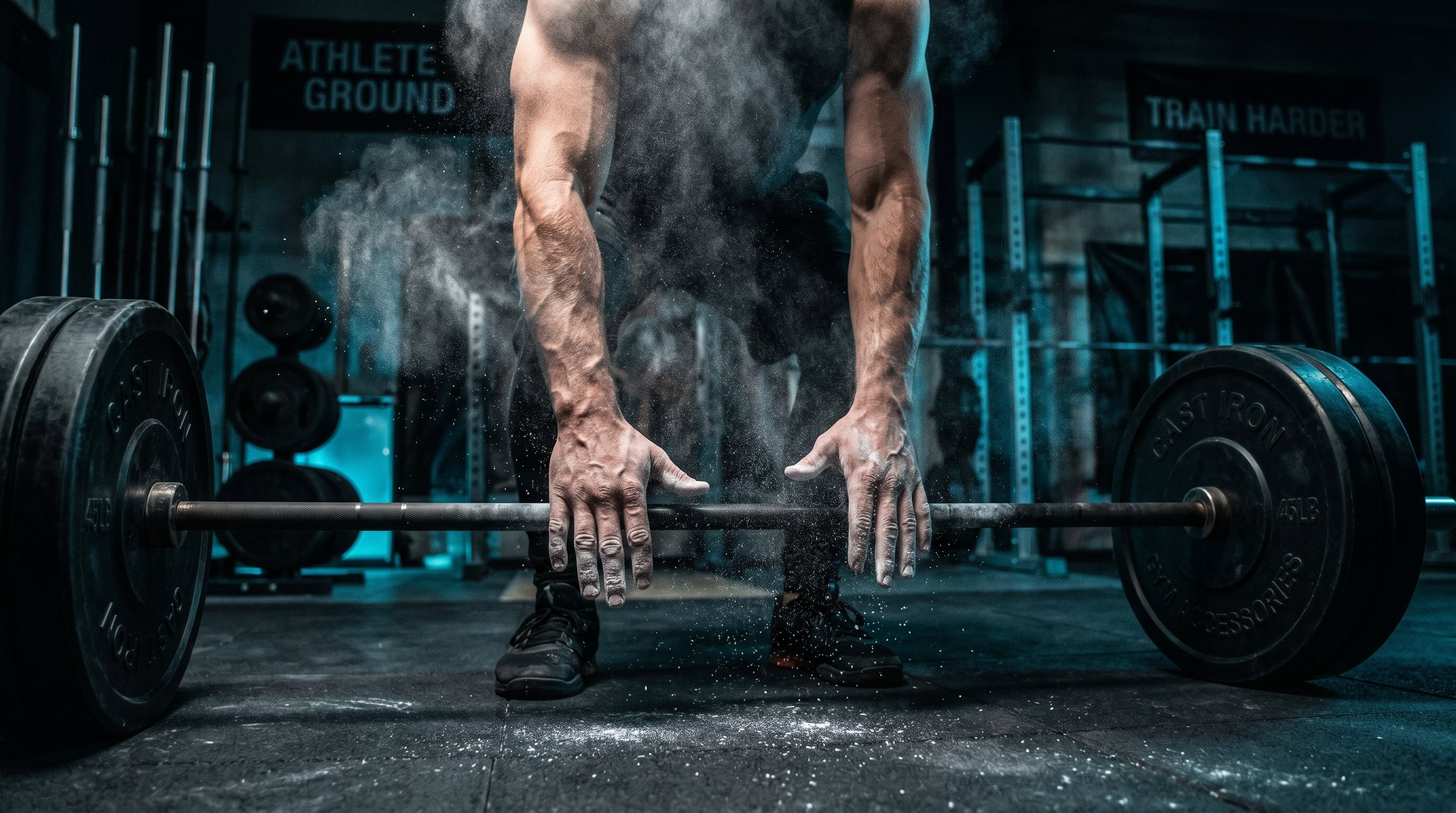 Chalked hands gripping barbell
